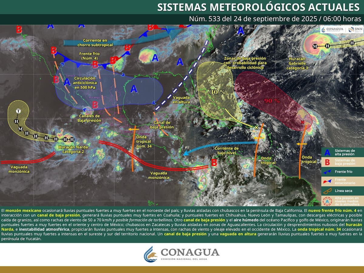 Clima hoy se verá afectado por el huracán Narda, así como el frente frío 4 y el monzón mexicano. | Crédito: SMN/Conagua