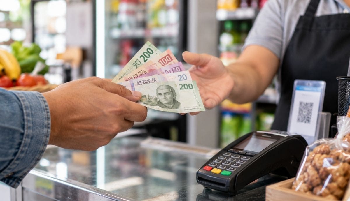 Un cliente paga con billetes de pesos mexicanos en la caja de un establecimiento comercial que cuenta con terminal bancaria. | Imagen generada con IA