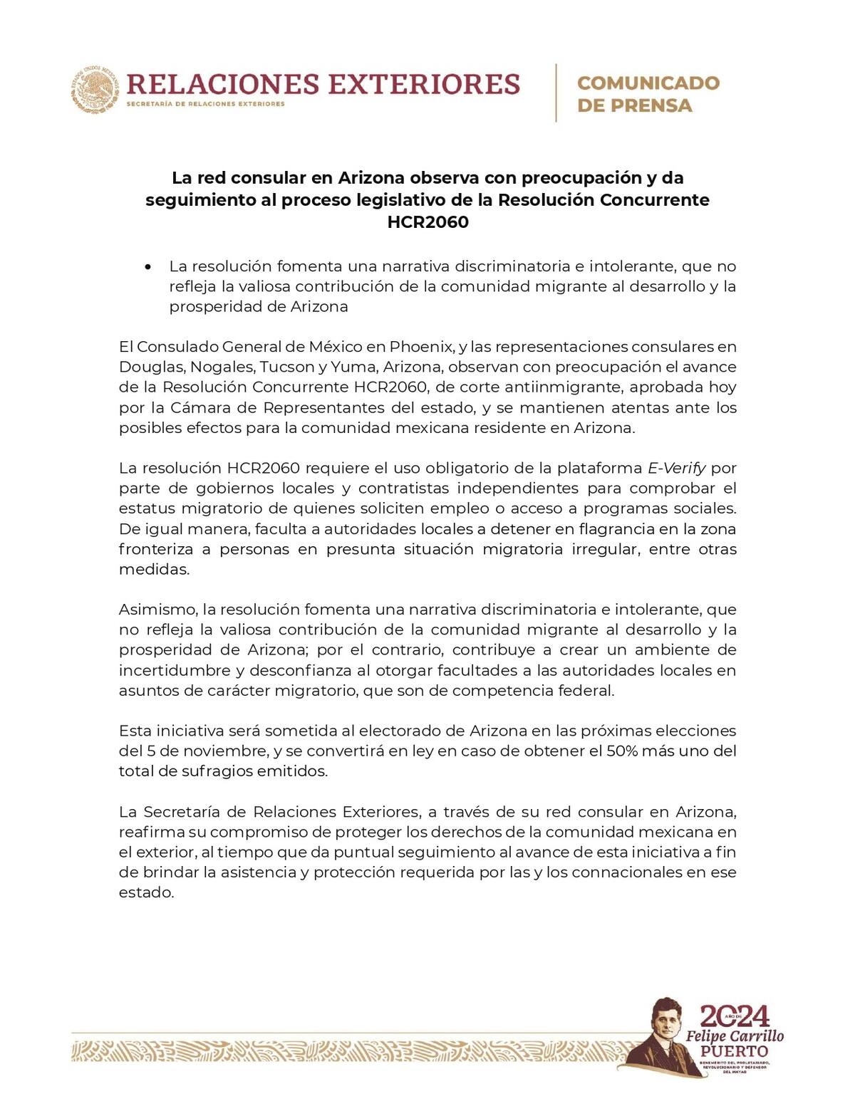 Por comunicado, la SRE manifestó su compromiso de proteger a mexicanos ante la ley de Arizona que criminaliza migrantes y votará el próximo 5 de noviembre.
