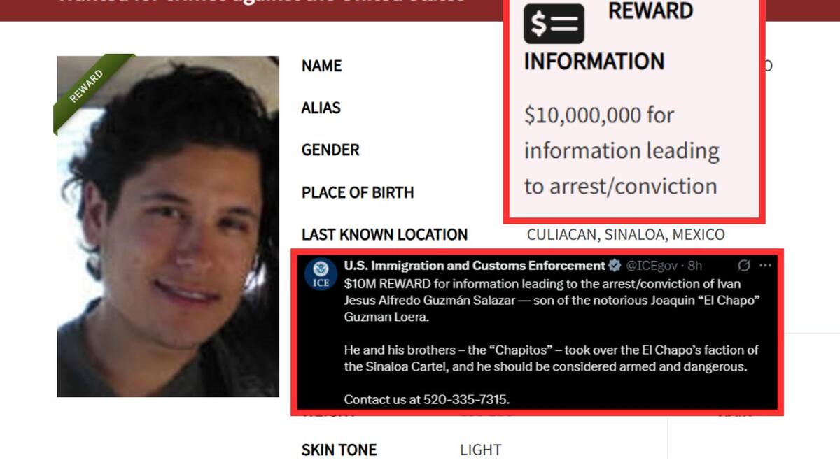 Recuerda ICE la millonaria recompensa por brindar información que lleve a la captura de Alfredo “Alfredito” Guzmán Salazar, hijo de “El Chapo” Guzmán