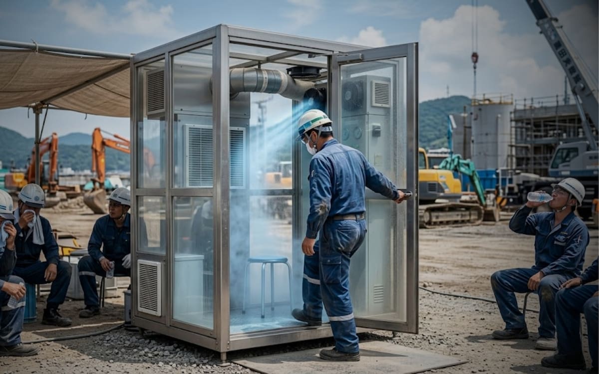 La nueva cabina de enfriamiento de Japón pesa 293 kilos, cuesta 1.5 millones de yenes y permite que trabajadores se refresquen durante pausas sin climatizar todo el lugar.
