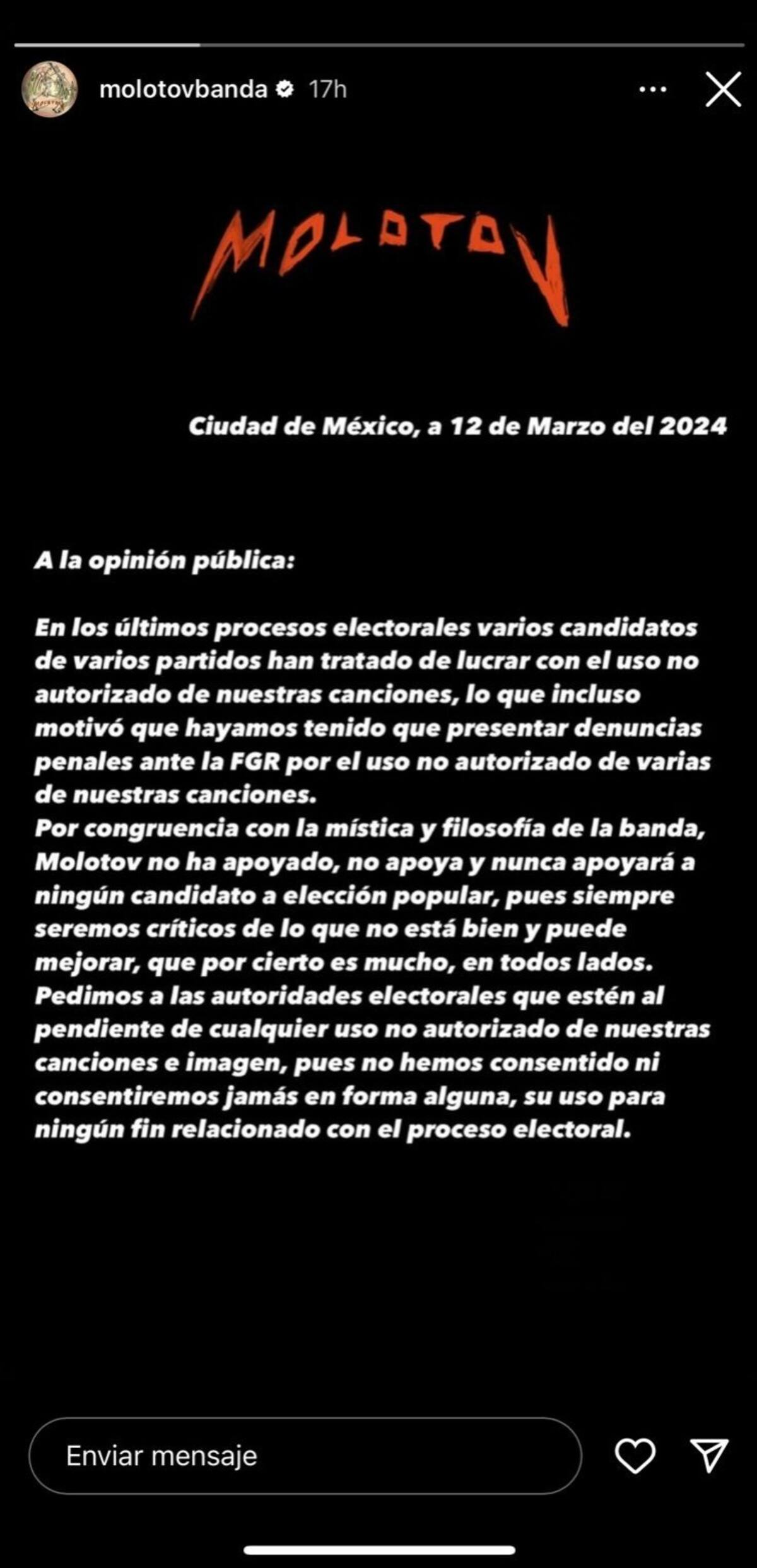 Molotov acude ante la FGR por las campañas políticas que usan sus canciones.