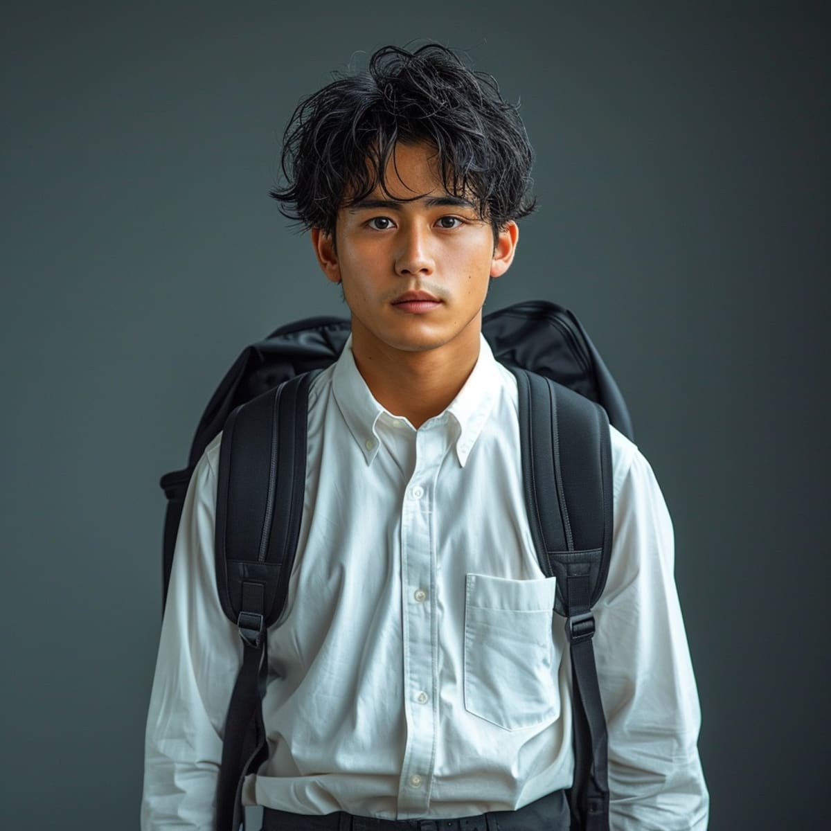 Shinji Ikari en la vida real: La inteligencia artificial de Midjourney reinterpreta al icónico personaje de Neon Genesis Evangelion, presentándolo como un joven tierno y confiable vestido en traje escolar japonés.