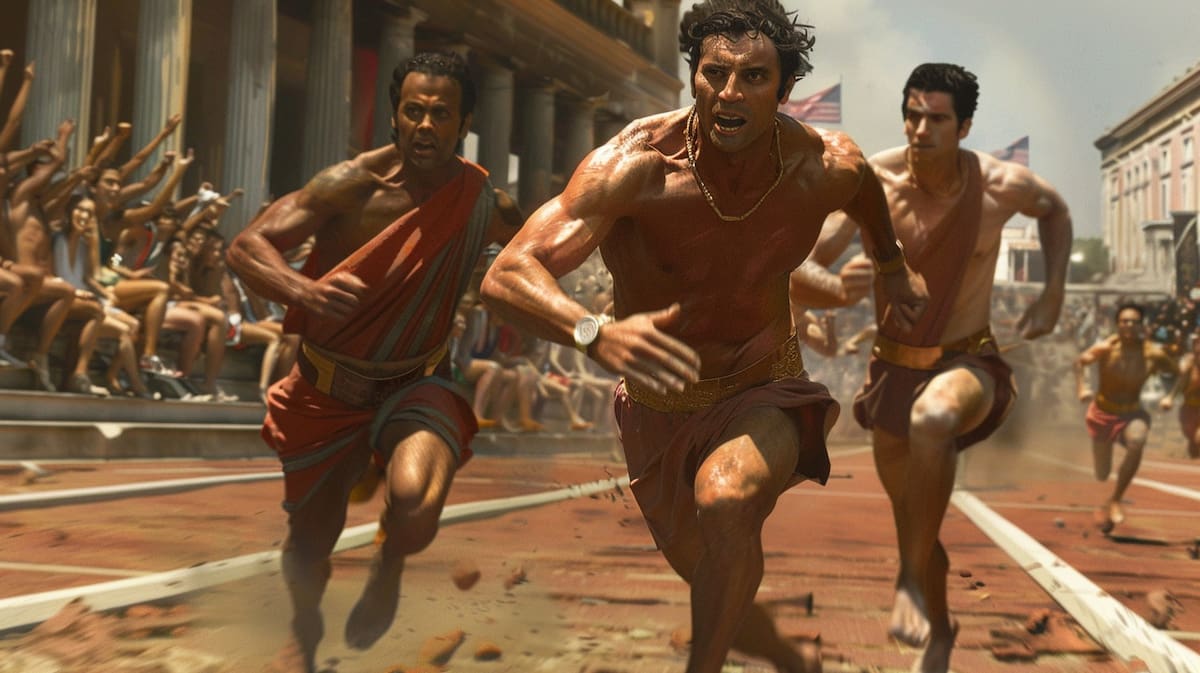 Atletas compitiendo desnudos en el "stadion", la carrera más antigua de los Juegos Olímpicos. Con el tiempo, se añadieron más eventos como carreras de carros y lucha libre.