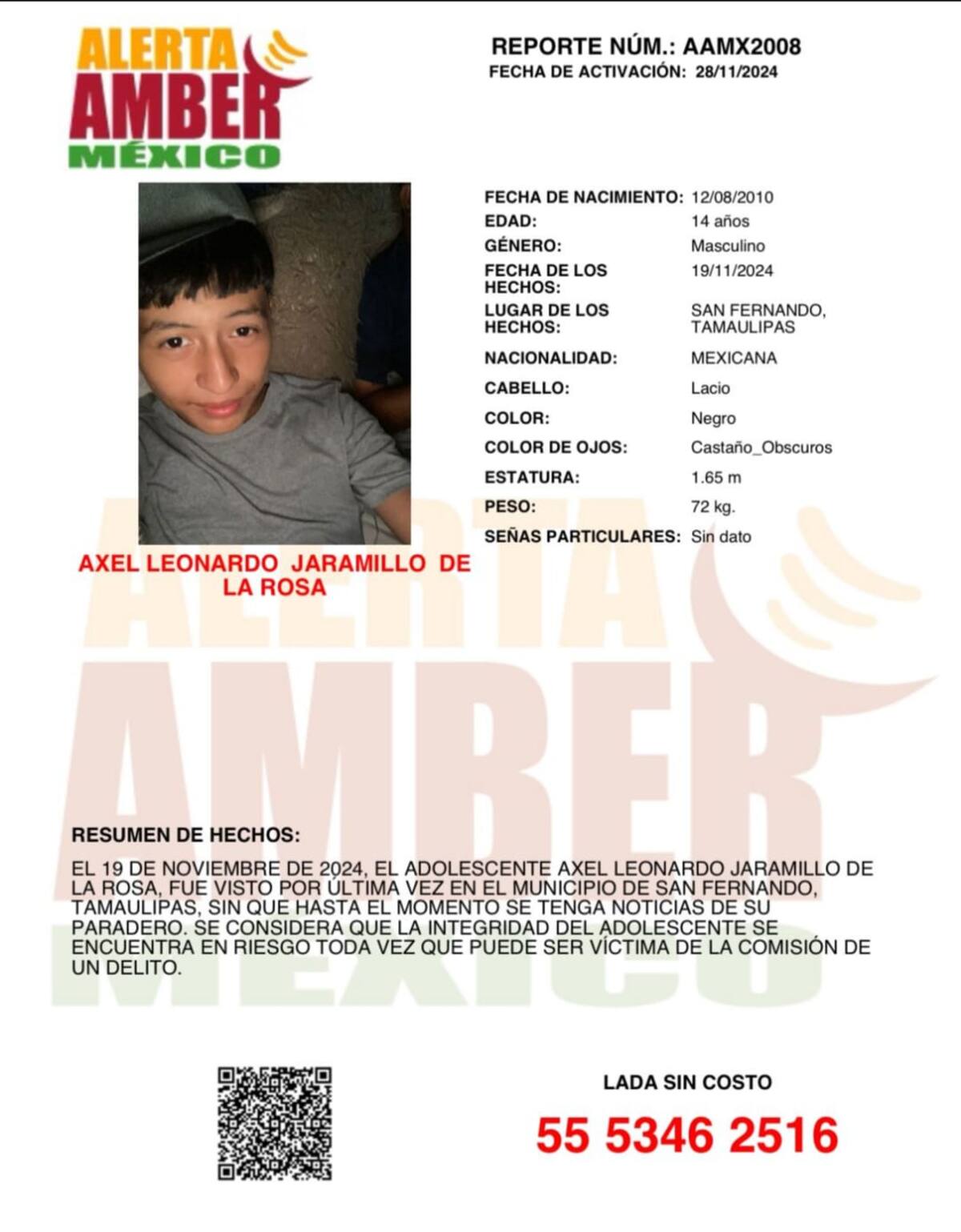 Axel Leonardo Jaramillo De la Rosa fue visto por última vez el pasado 19 de noviembre en el municipio de San Fernando, Tamaulipas.