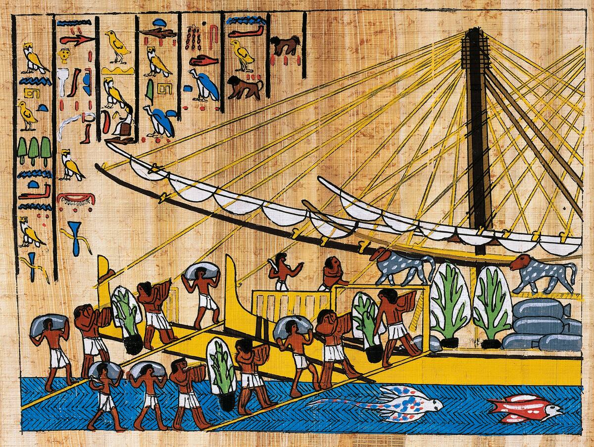 UNSPECIFIED - APRIL 08: The loading of food for Hatshepsut's expedition to the Land of Punt, papyrus, reconstruction of a relief from the temple of Deir el-Bahari, original dating back to the Dynasty XVIII. Egyptian civilisation. Cairo, Istituto Del Papiro (Photo by DeAgostini/Getty Images)