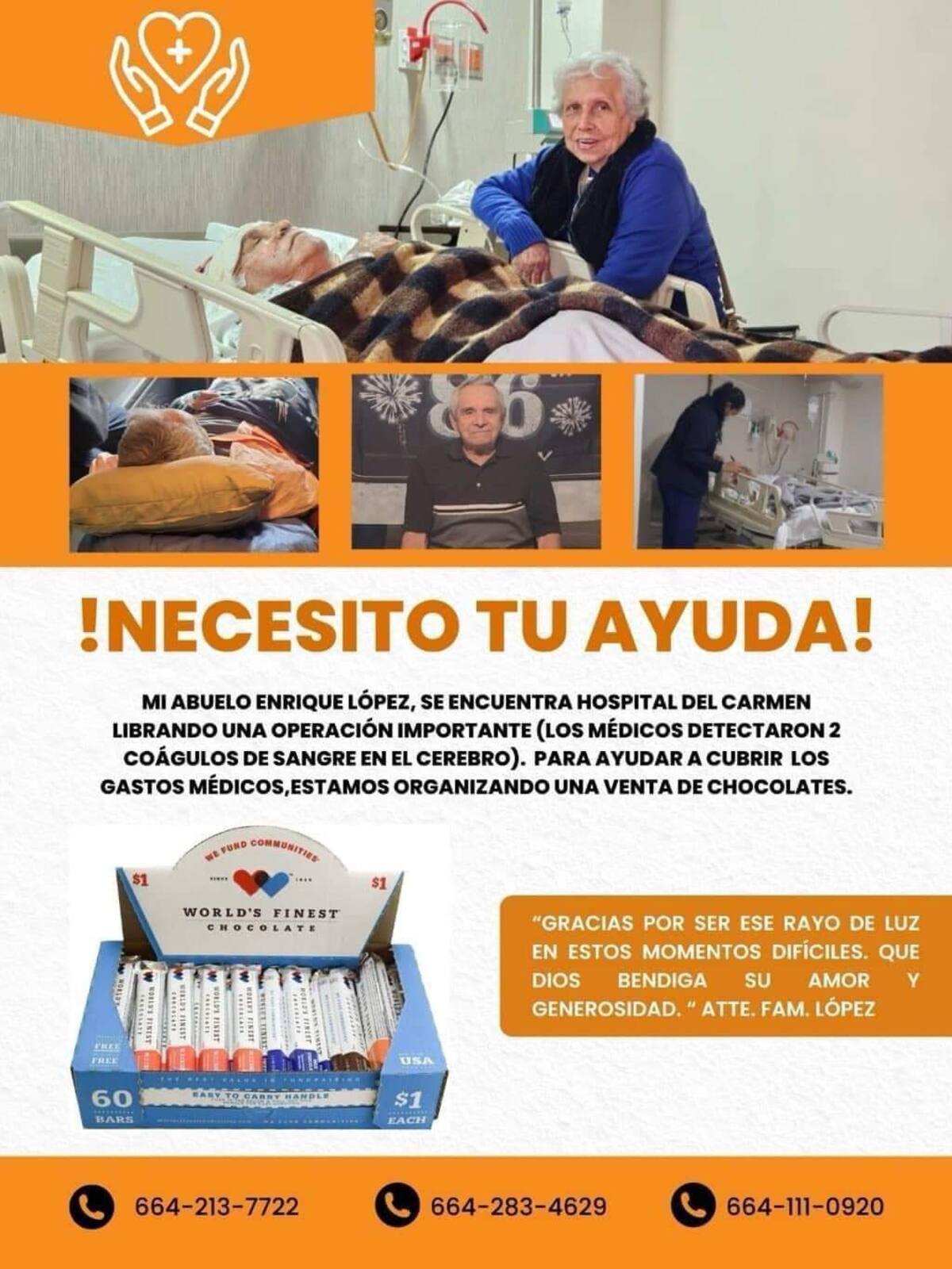Nietos venden chocolates para pagar los gastos médicos de abuelito 86 años