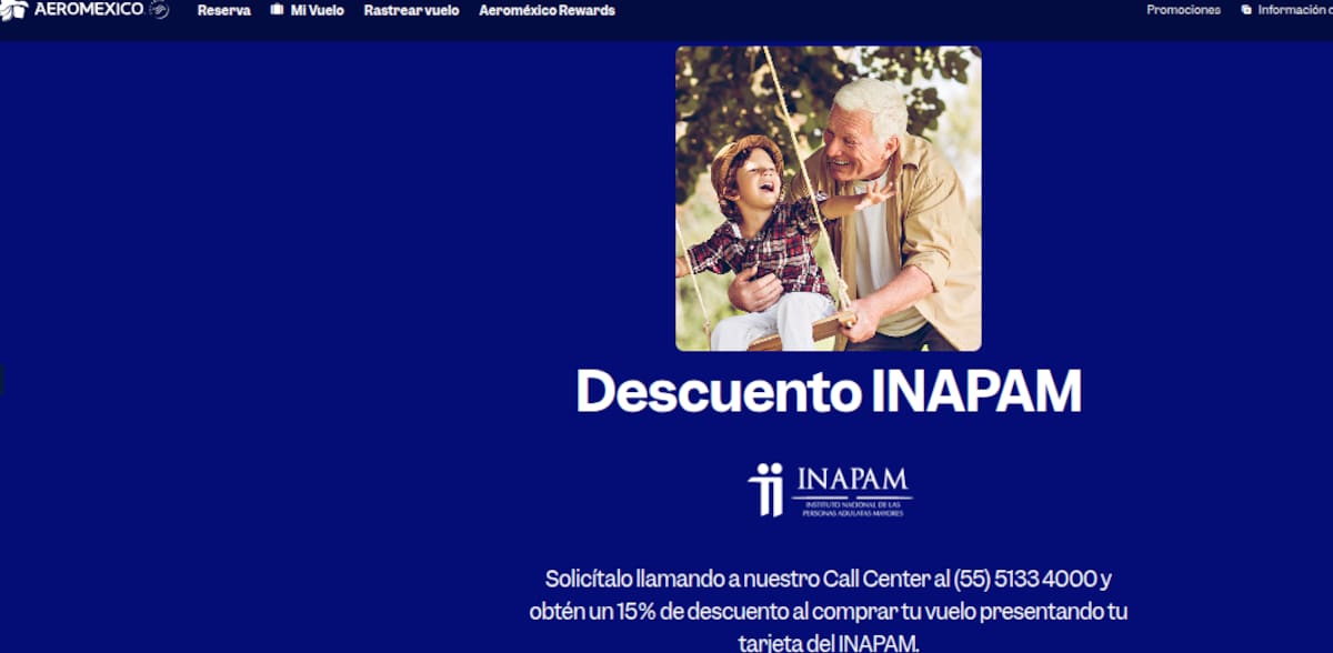 Aeroméxico ofrece el 15% de descuento a derechohabientes del INAPAM | Captura aeromexico.com