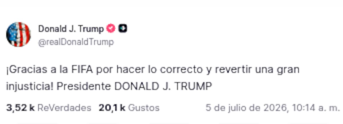 Trump agradeció a la FIFA. | Truth Social @realDonaldTrump