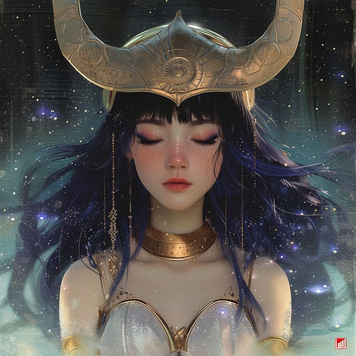El cabello de Saori, con variaciones entre negro, azul y verde, ilustra su conexión celestial con el cosmos según la imaginación artificial.