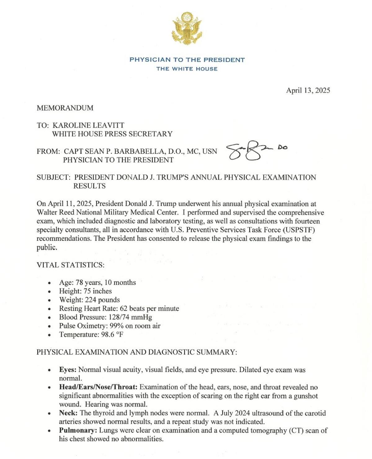 Documento de reporte de salud de Trump. Foto: EEUU