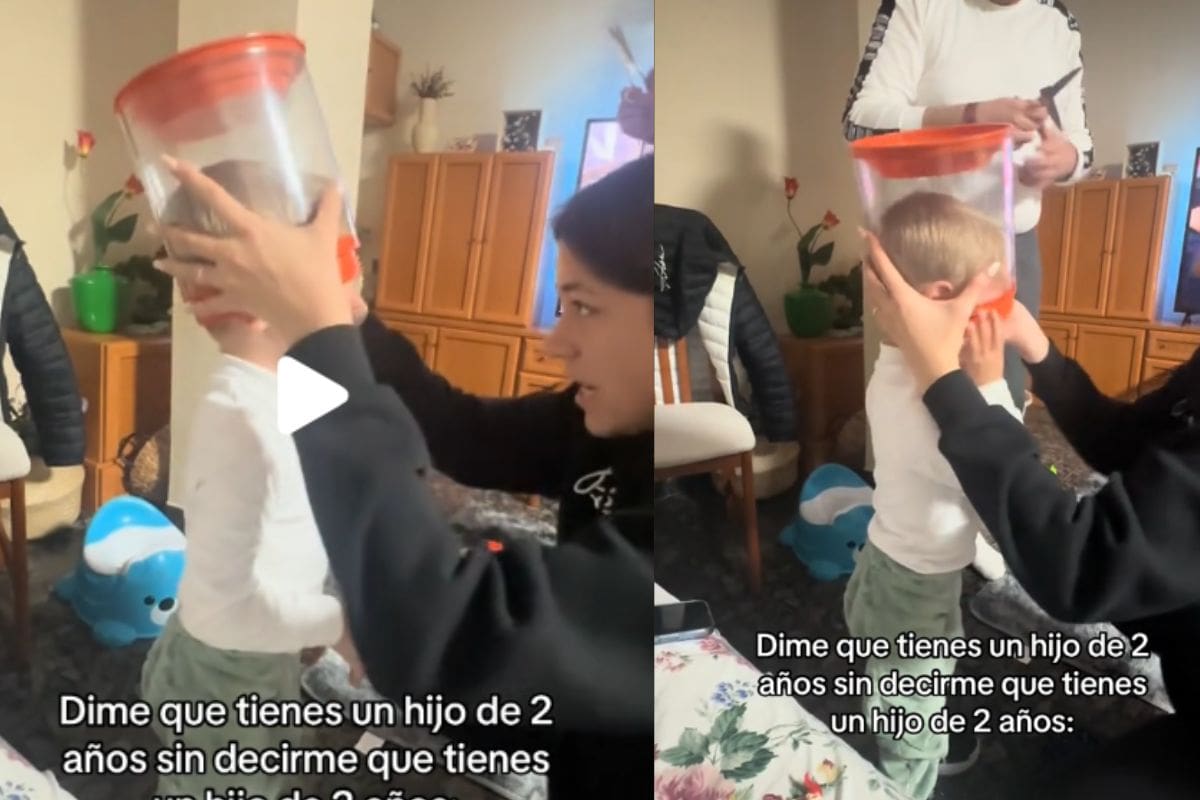 Niño de dos años se viraliza por meter su cabeza en un recipiente de plástico