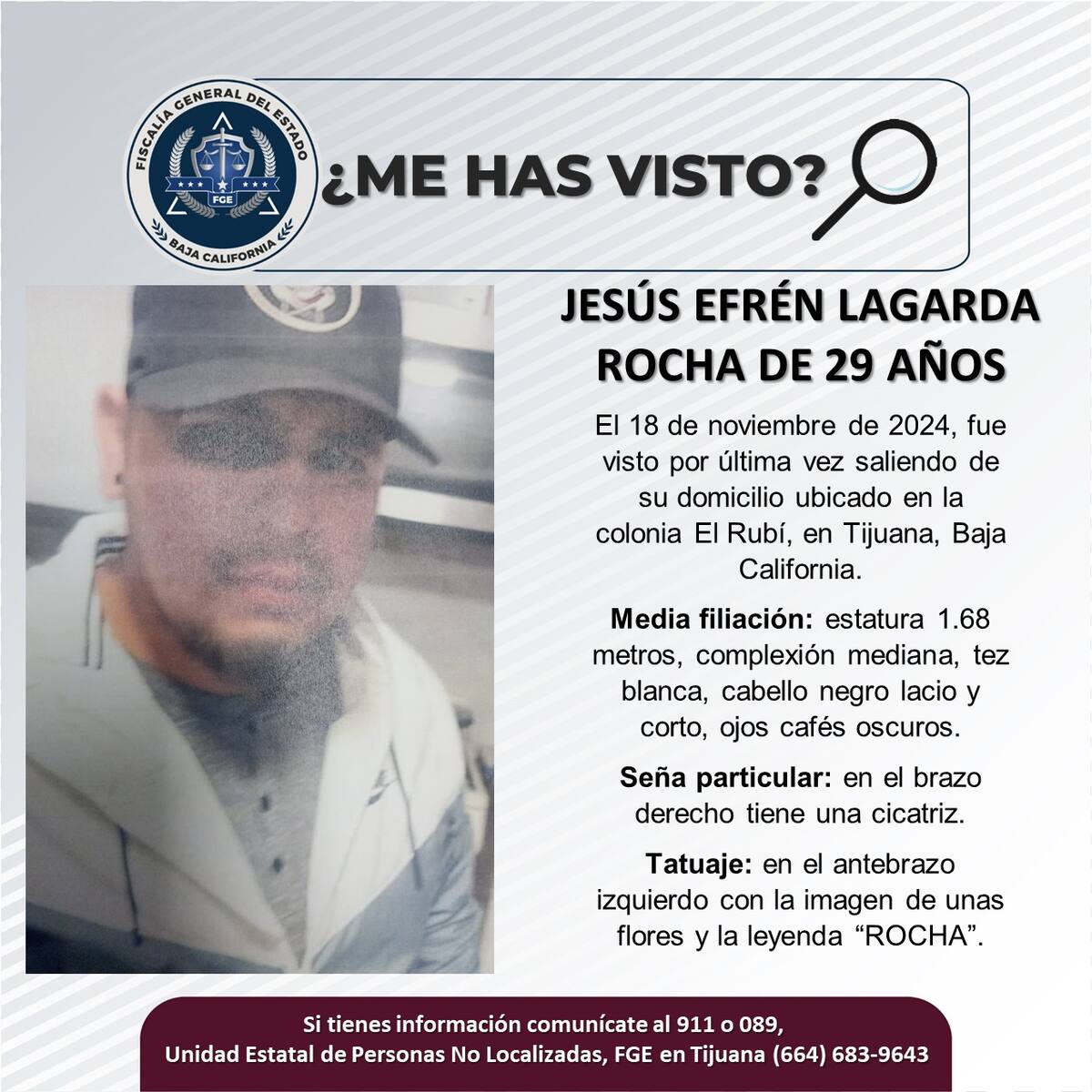 Jesús Efrén Lagarda Rocha fue visto por última vez el 18 de noviembre de 2024.