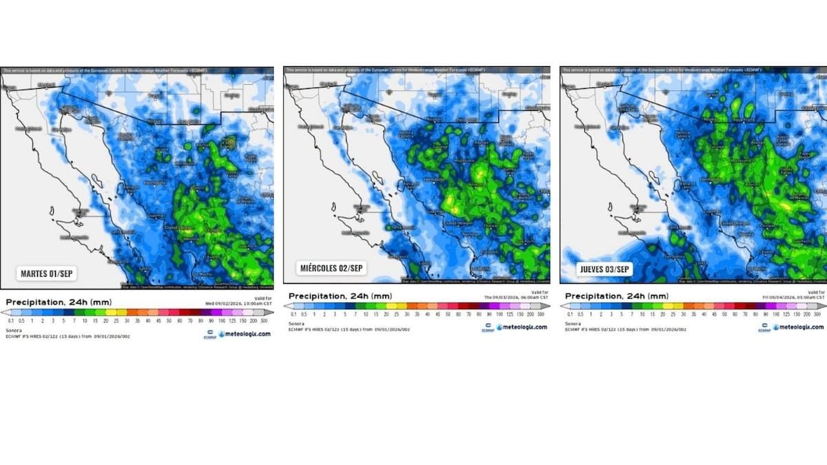 El modelo ECMWF proyecta lluvias en diferentes regiones de Sonora durante tres días, con mayor actividad en la sierra, el oriente y el sur del estado. FOTO: METEOLOGIX/ECMWF PROTECCIÓN CIVIL SONORA