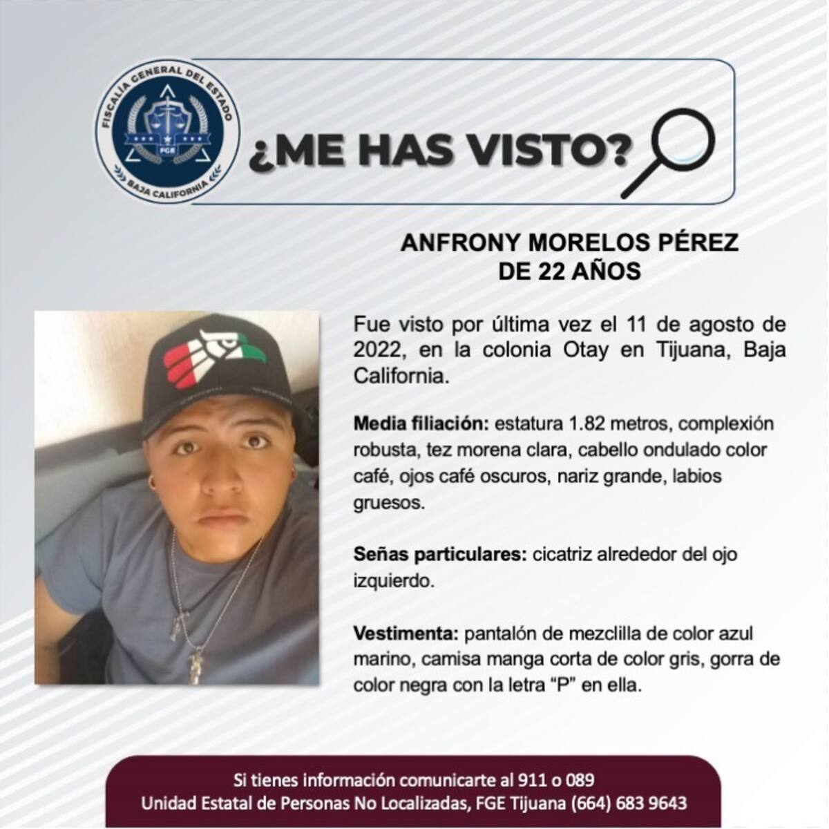 Anfrony Morelos Pérez fue visto por última vez el 11 de agosto de 2022.
