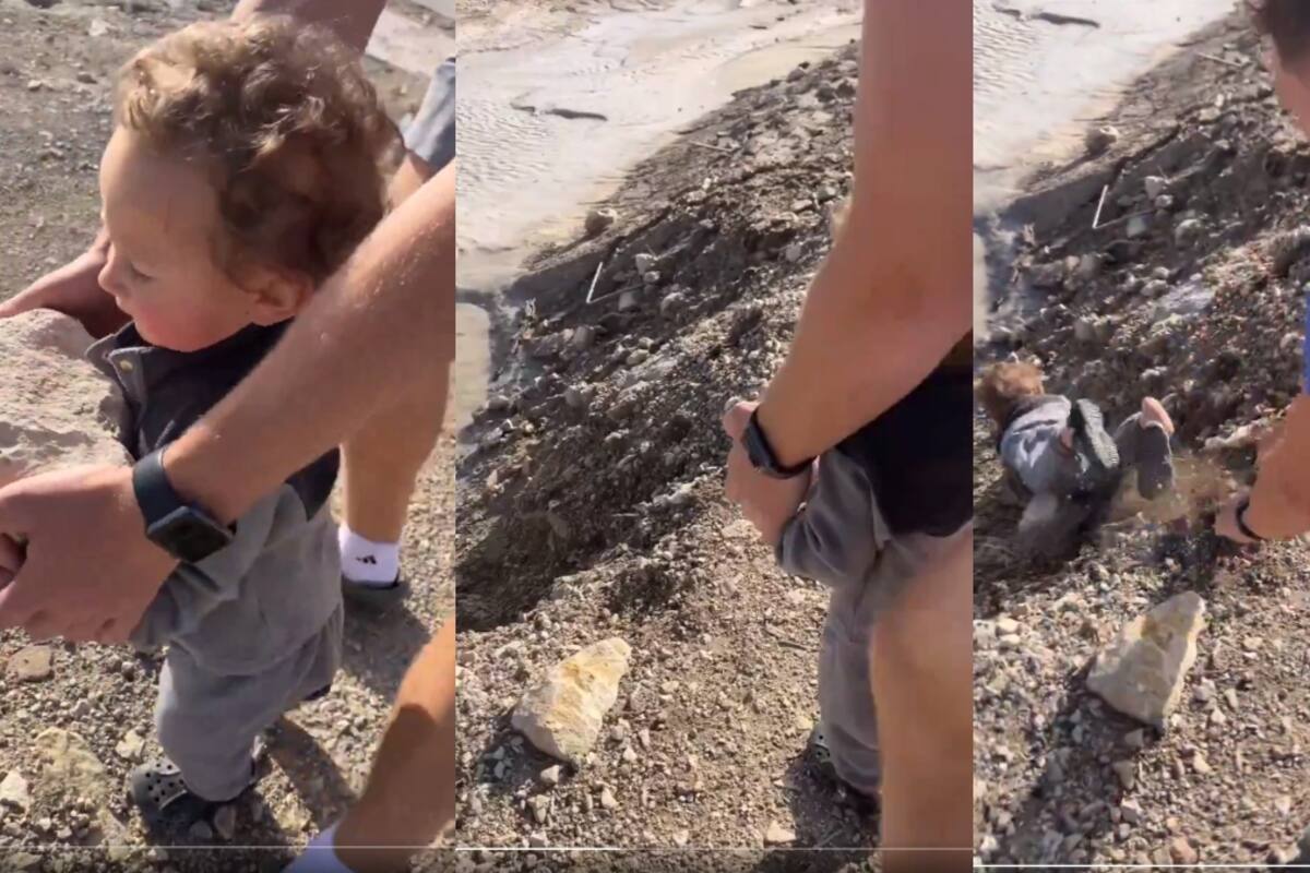 VIRAL: un padre ayuda a su hijo a tirar una gran roca, ¡pero el niño termina rodando también!