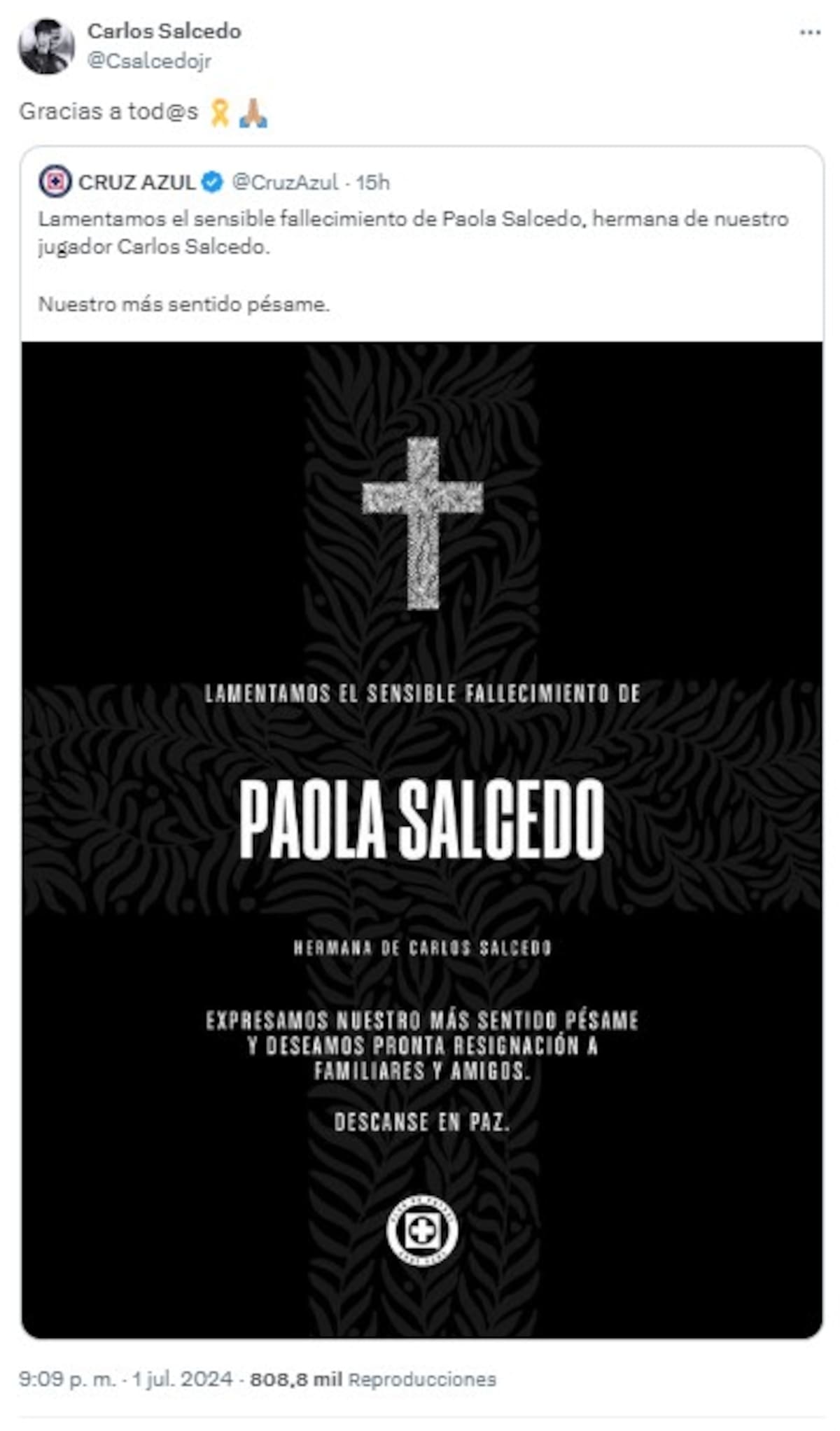 Carlos Salcedo agradeció los mensajes de apoyo en redes tras el asesinato de su hermana Martha Paola.