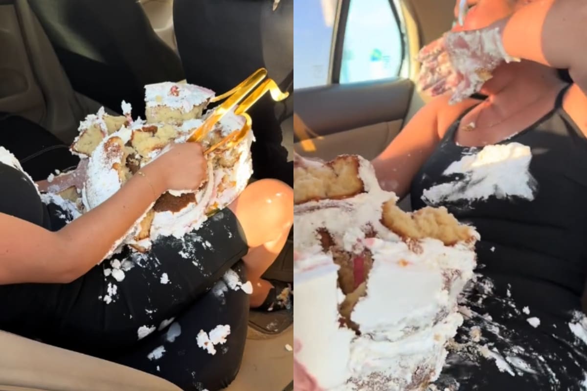 VIRAL | ¡Pastel termina en desastre! Mujer queda cubierta tras accidente en el auto