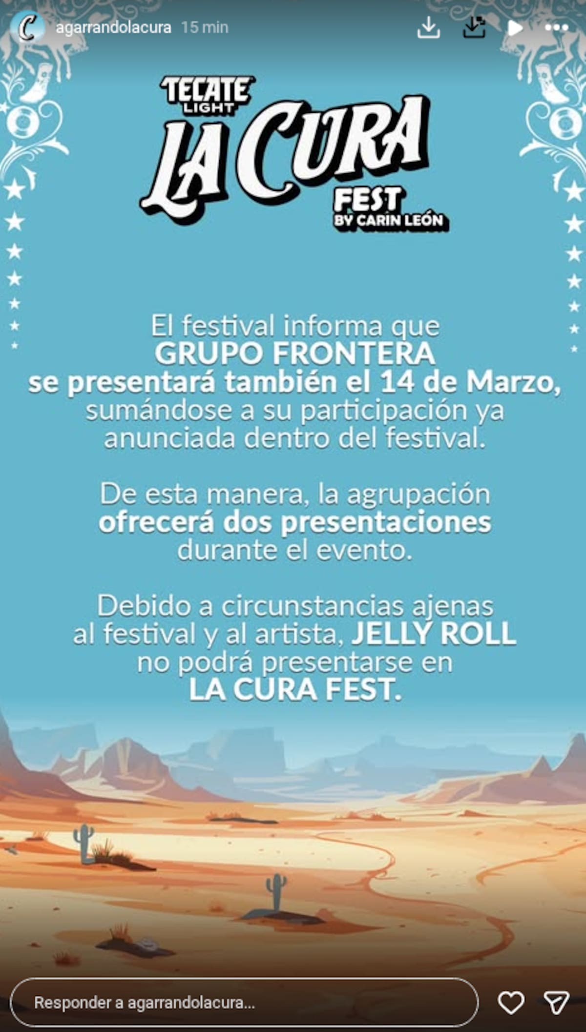 La Cura Fest 2026 anuncia cambios en su cartel: Grupo Frontera tendrá doble presentación y Jelly Roll cancela su participación | Foto IG (@agarrandolacura)