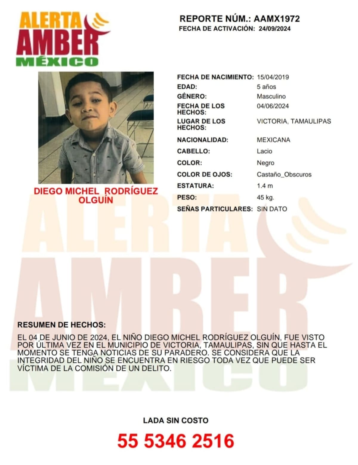 El pasado 13 de septiembre, Diego Michel Rodríguez Olguín, fue visto por última vez en el municipio de Victoria, Tamaulipas, sin que se tenga hasta el momento noticia de su paradero.