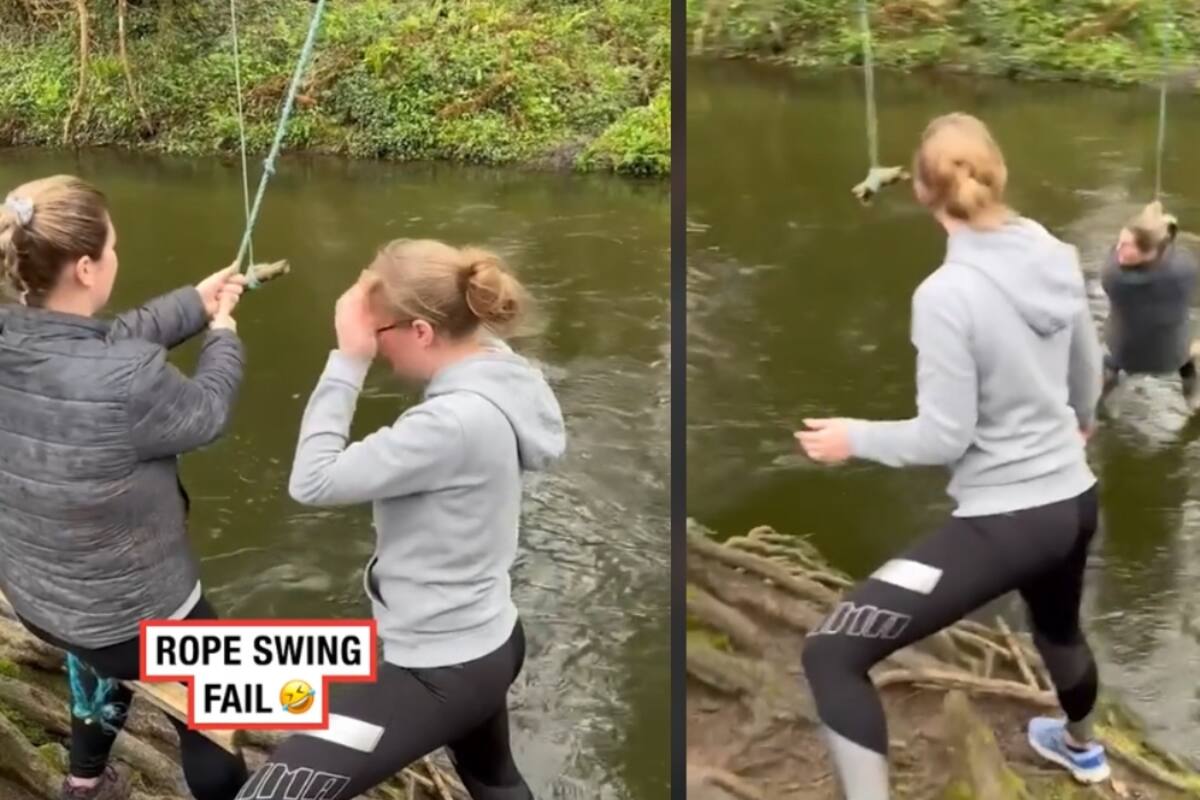 Mujer se sube a un columpio sobre el agua y tira a su amiga: mira cómo terminó