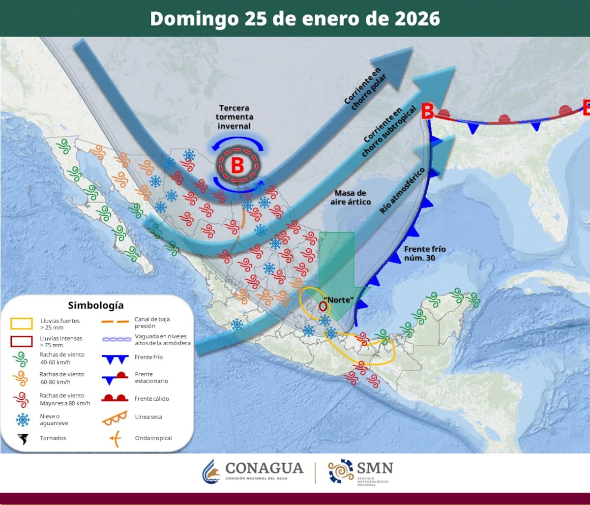 Pronóstico del clima para el domingo 25 de enero del 2026. | Crédito: SMN
