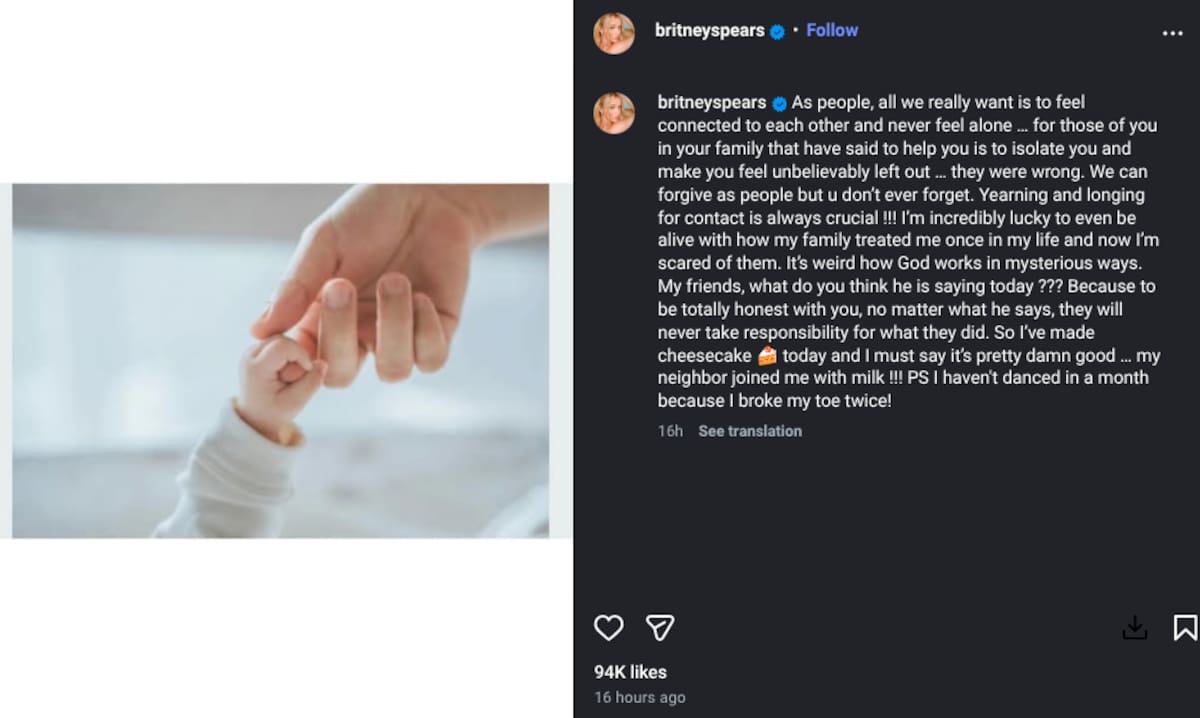 Britney Spears afirma tener suerte de estar viva luego del maltrato de su familia | Instagram britneyspears@