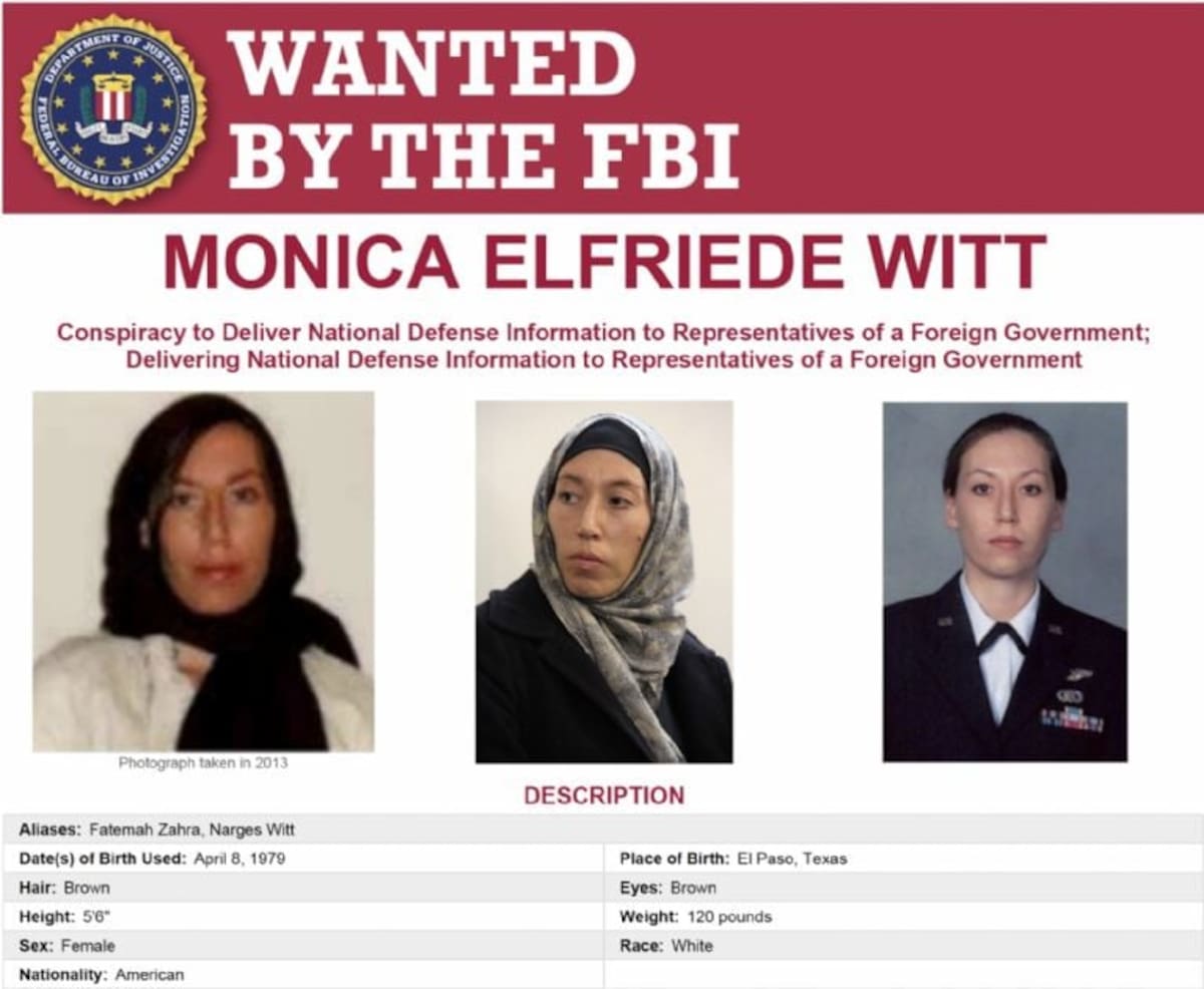 Monica Elfriede Witt, exintegrante de la Fuerza Aérea estadounidense, es buscada desde 2019 por presuntamente entregar información clasificada al gobierno iraní y poner en riesgo operaciones de inteligencia de Estados Unidos.