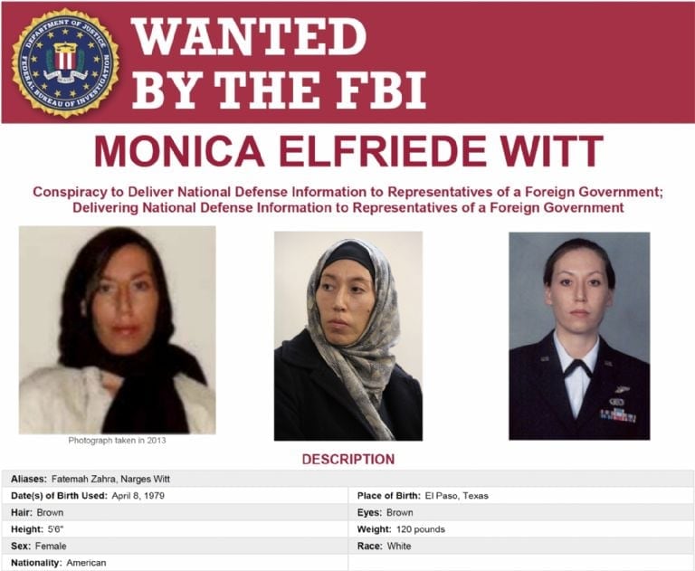Monica Elfriede Witt, exintegrante de la Fuerza Aérea estadounidense, es buscada desde 2019 por presuntamente entregar información clasificada al gobierno iraní y poner en riesgo operaciones de inteligencia de Estados Unidos.