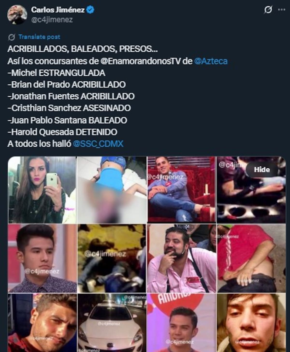 El trágico destino de los participantes de "Enamorándonos" / Cuenta de X: @c4jimenez