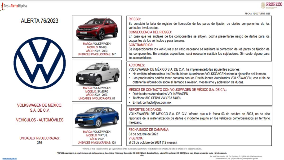 Modelos y años de autos que presentan fallas de la marca VOLKSWAGEN / PROFECO