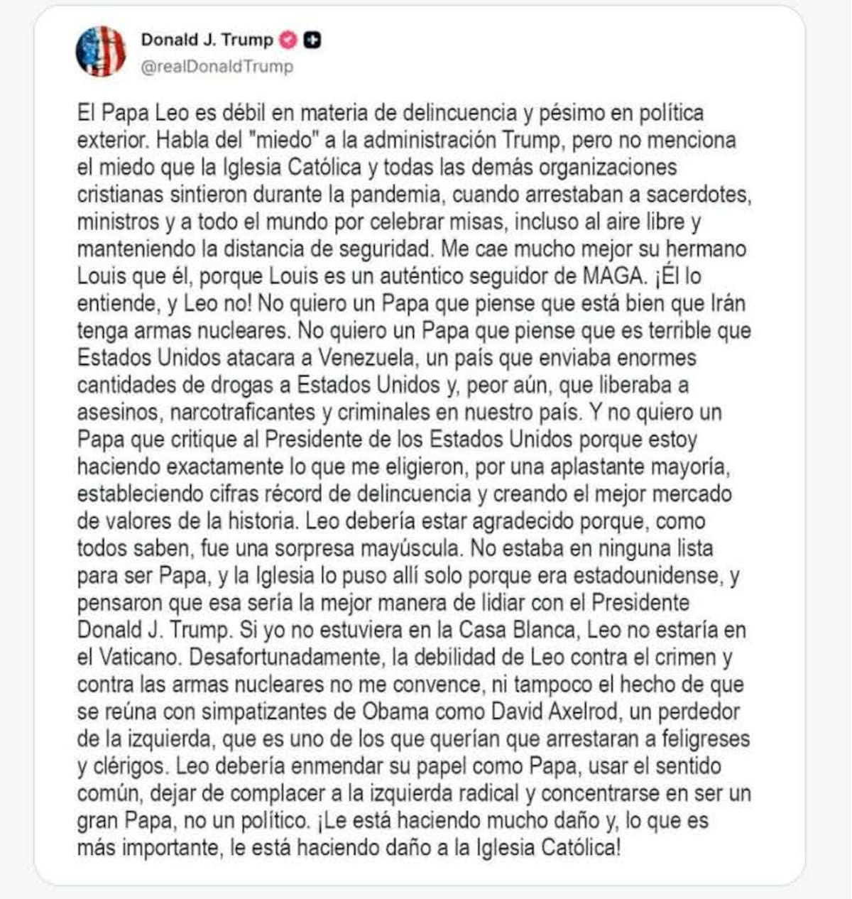 El señalamiento de “debilidad” abrió un debate sobre el papel de la Iglesia en temas de seguridad, crimen y política internacional. Foto: TruthSocial / Donald Trump