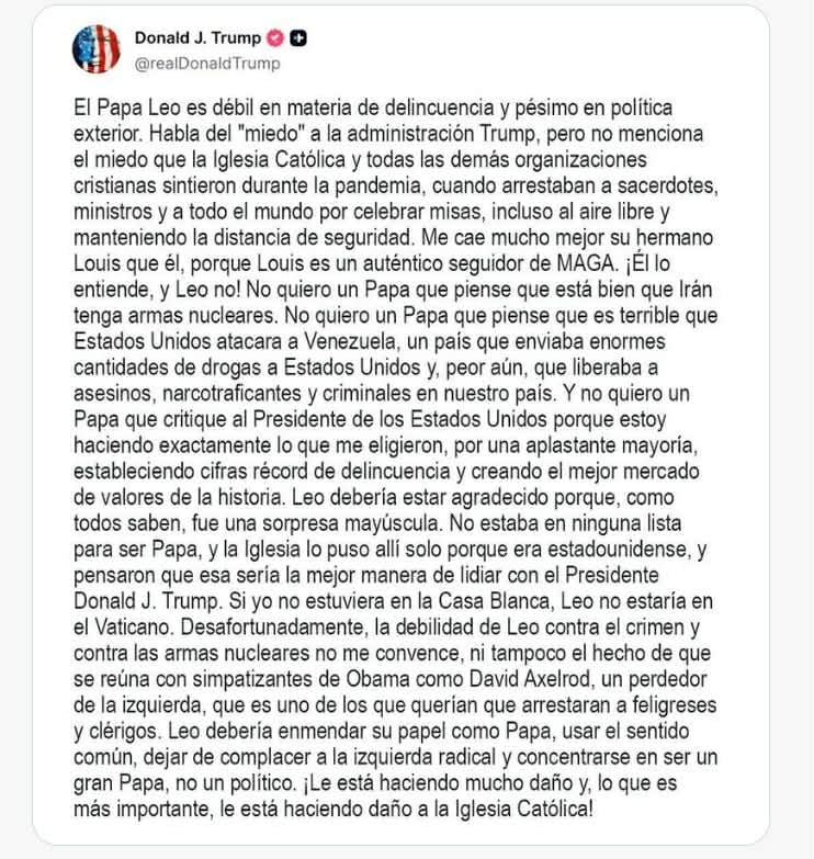 El señalamiento de “debilidad” abrió un debate sobre el papel de la Iglesia en temas de seguridad, crimen y política internacional. Foto: TruthSocial / Donald Trump
