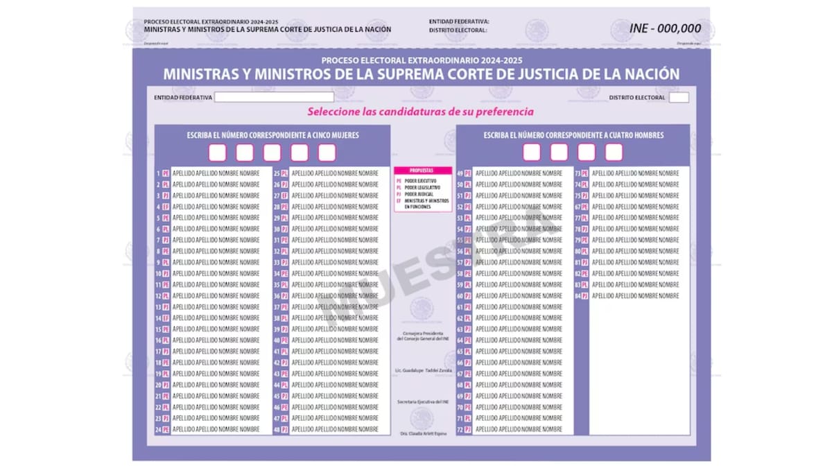 Boleta INE elecciones judiciales (Ministros de la SCJN)