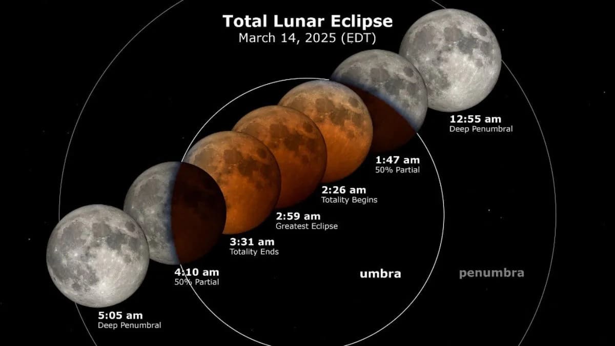 Horarios del eclipse lunar total de marzo. Foto: Estudio de visualización científica de la NASA.