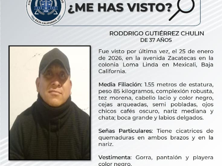 Rodrigo Gutiérrez Chulin desapareció en Mexicali; piden apoyo para localizarlo