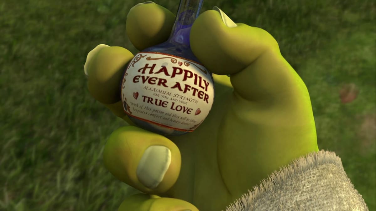 La poción "Felices por Siempre" promete otorgar fuerza máxima y belleza a quien la beba junto a su verdadero amor, siendo un elemento clave en la trama de Shrek 2.