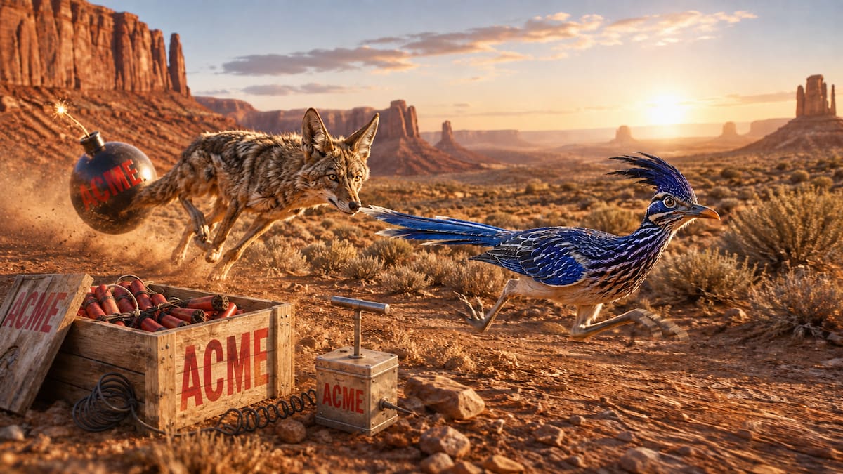 El Coyote persigue al Correcaminos en un paisaje desértico mientras una bomba y una caja de artefactos ACME forman parte de la escena generada con ChatGPT.
