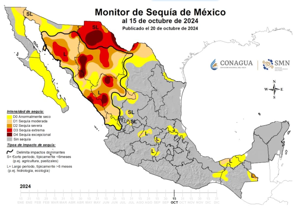 Monitor de Sequía en México (al 15 de octubre de 2024, el más reciente). Foto: Conagua