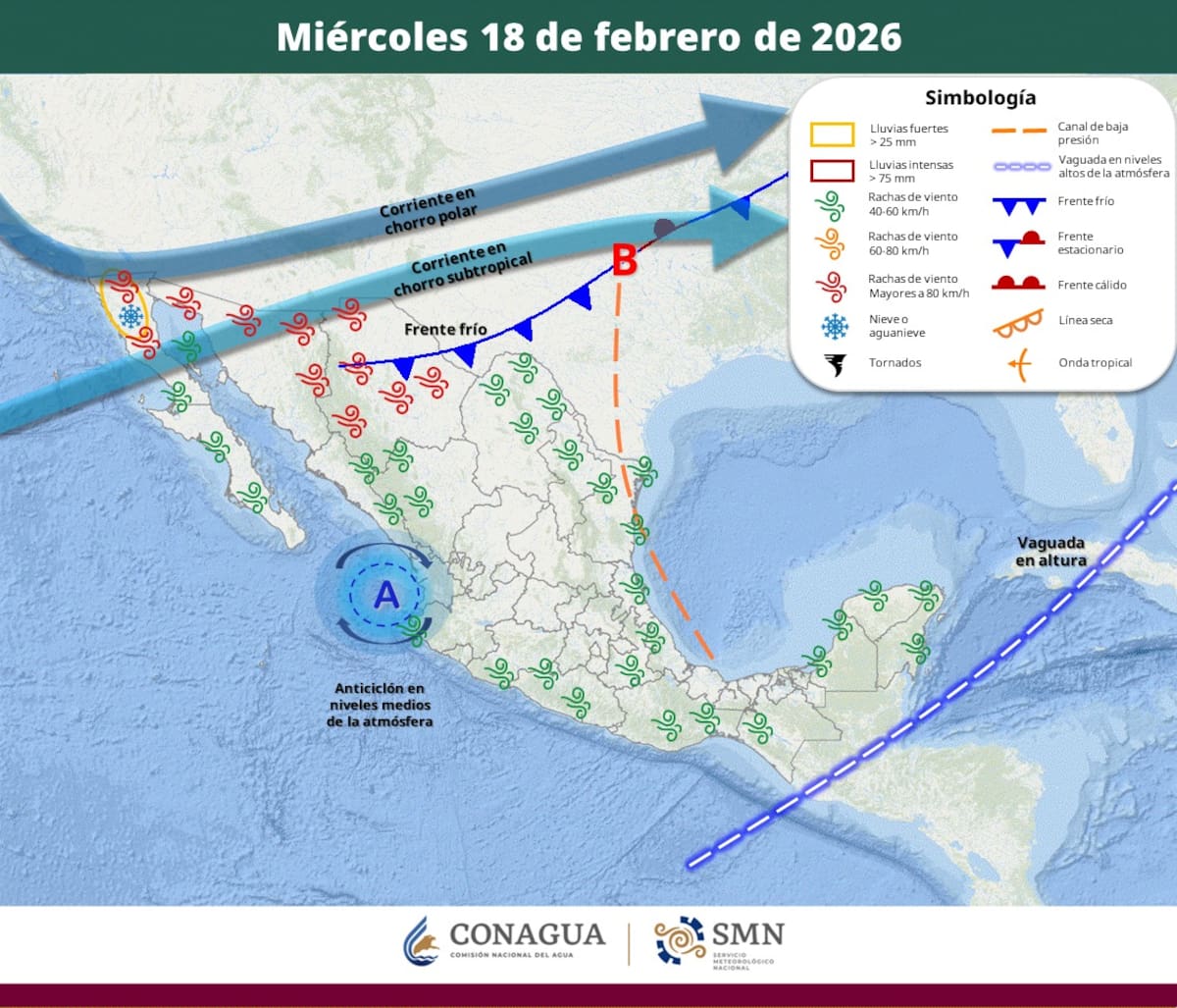Pronóstico del clima para el miércoles 18 de febrero del 2026. | Crédito: SMN