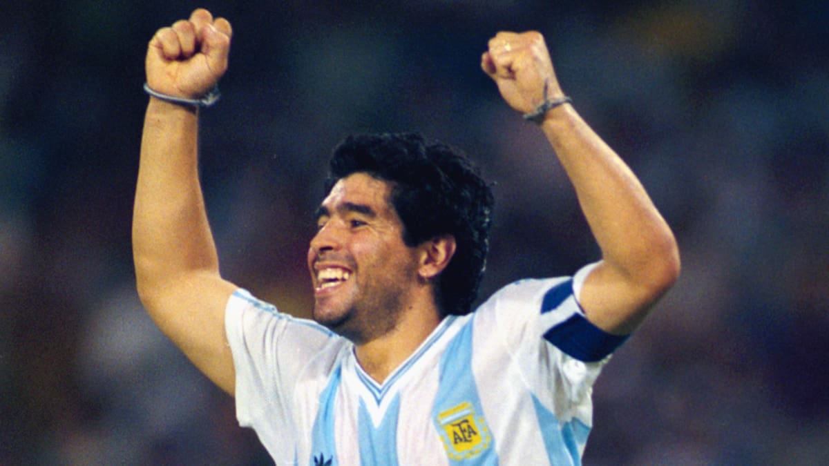 NAPLES, ITALY - JUNE 13: Diego Maradona of Argentina celebrates during the Group B match against Russia at the 1990 FIFA World Cup match on 13 June 1990 in the San Paolo Stadium in Naples, Italy. Argentina won 2-0 (Photo by David Cannon/Allsport/Getty Images)