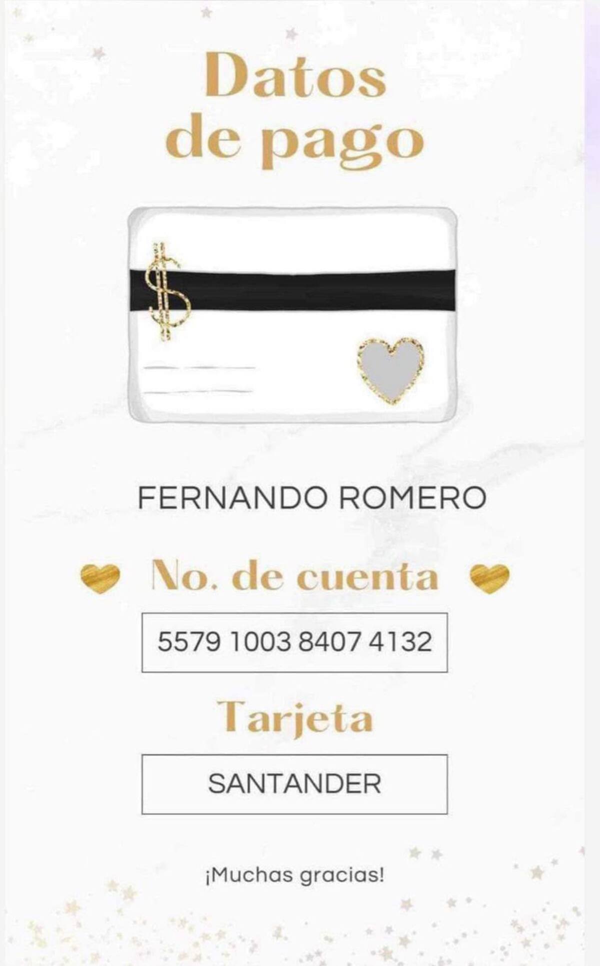 Quien esté interesado puede donar a la tarjeta Santander de número 5579 1003 8407 4132 a nombre de Fernando Romero.