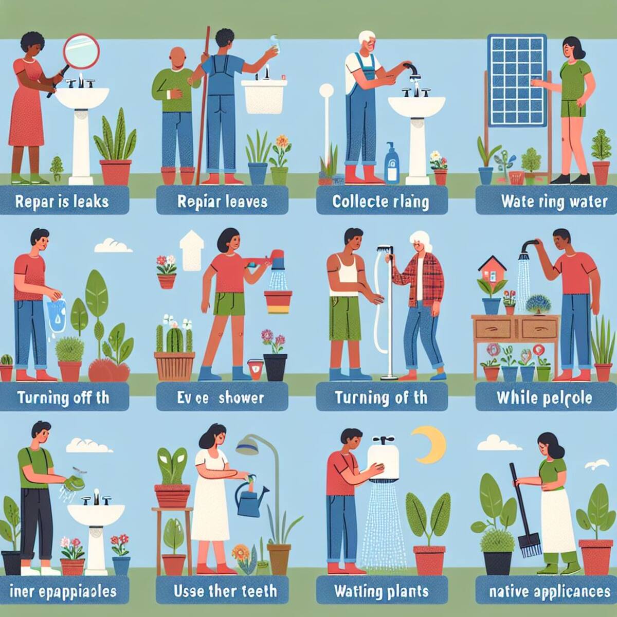 Formas de conservar el agua: 1. Reparar fugas 2. Usar dispositivos de ahorro de agua 3. Recoger agua de lluvia 4. Reducir el tiempo en la ducha 5. Apagar el grifo mientras te cepillas los dientes 6. Usar electrodomésticos eficientes 7. Regar las plantas en la mañana o en la noche 8. Plantar vegetación nativa