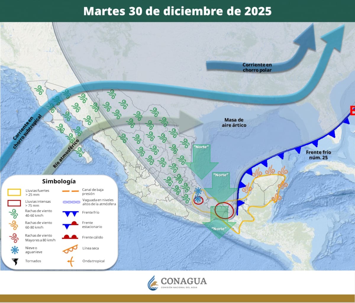 Pronóstico del clima para el martes 30 de diciembre del 2025. | Crédito: SMN