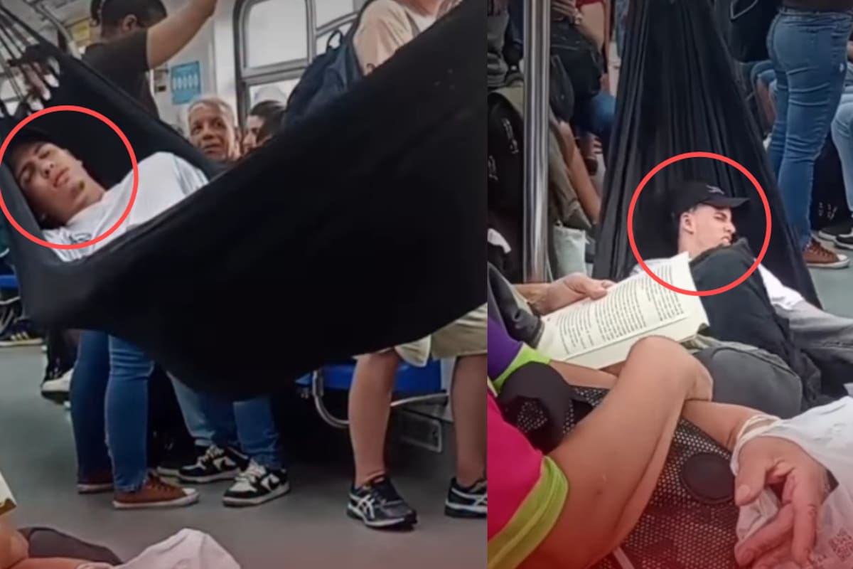 Hombre cuelga una hamaca dentro del metro para descansar Pero todo termina mal cuando cae directamente al suelo