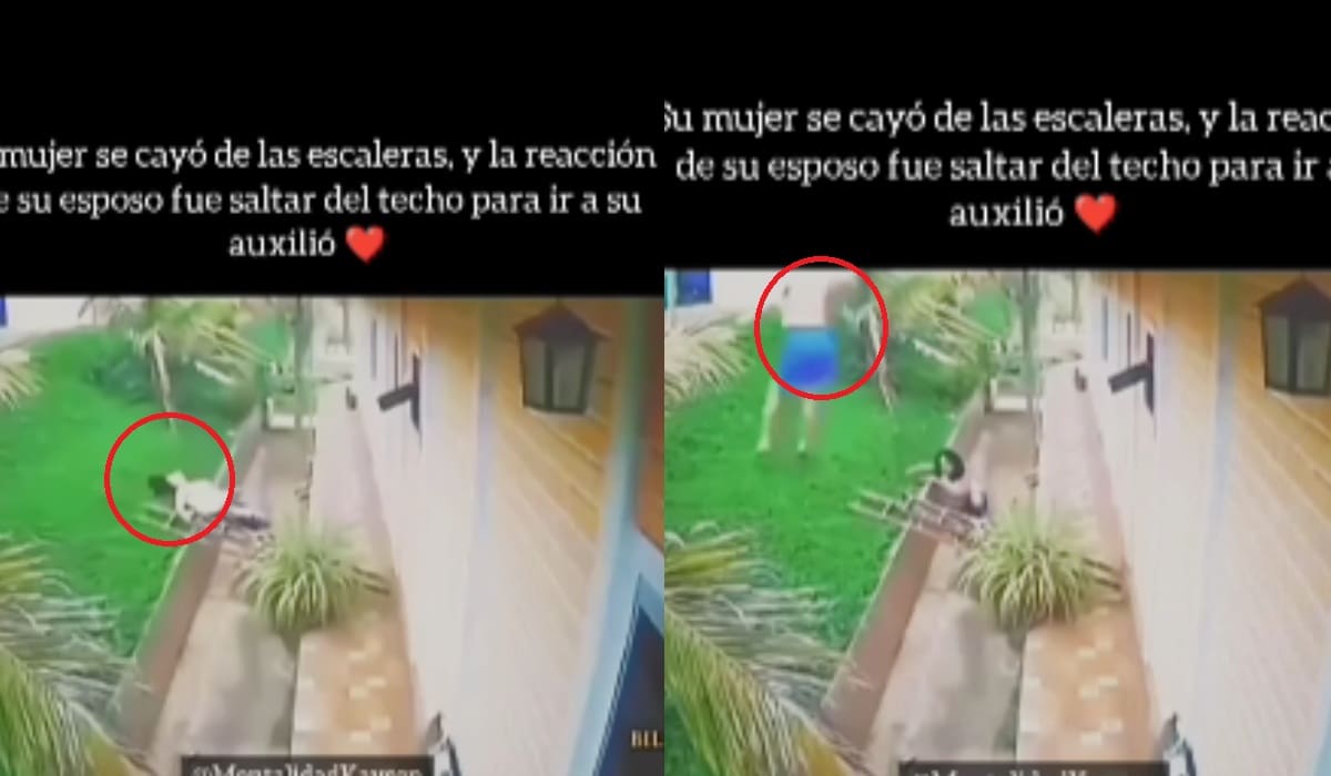 Mujer resbala de las escaleras mientras arreglaba su casa y su esposo salta desde el techo para auxiliarla