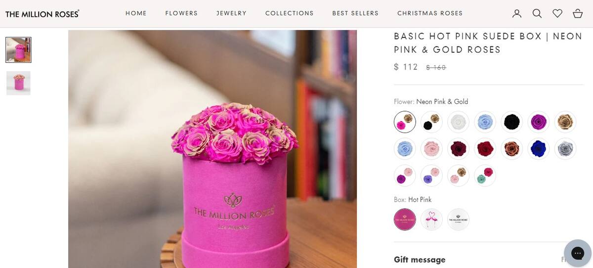 Caja de rosas “rose gold” neón de “The Million Roses” / https://themillionroses.com/