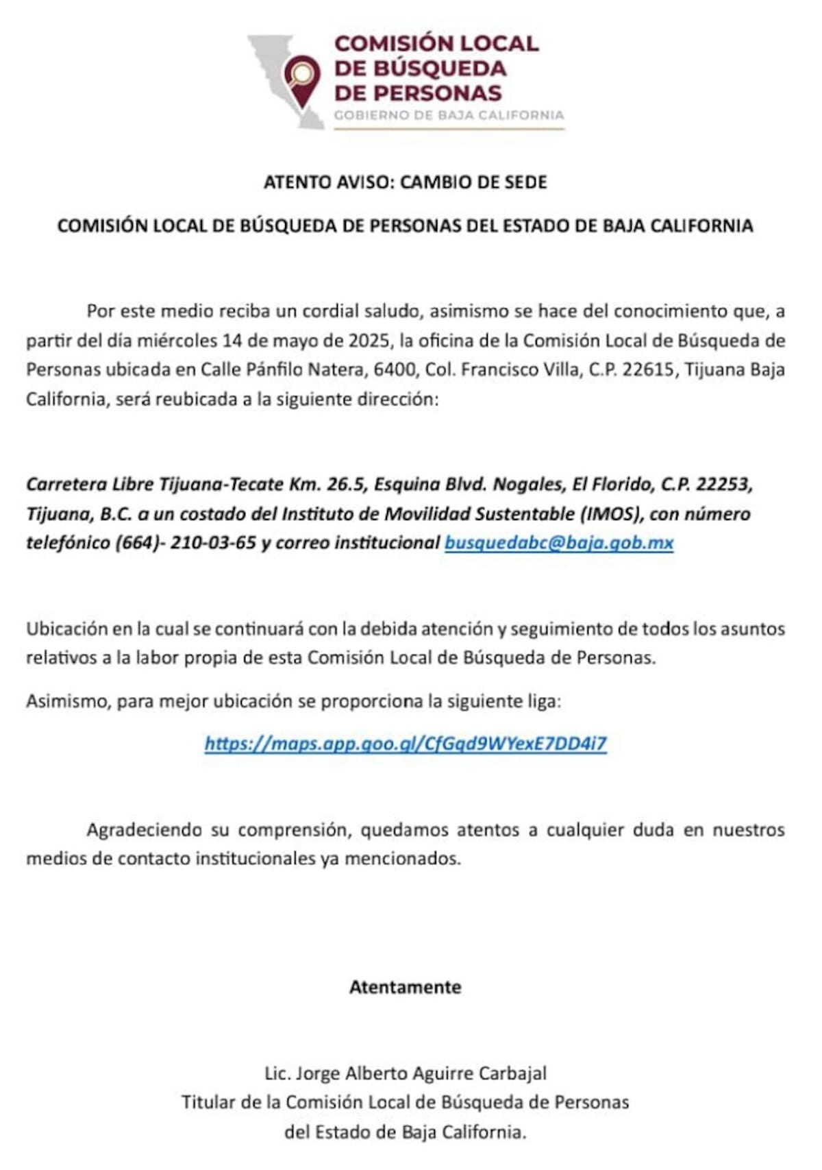 La notificación del cambio de sede.