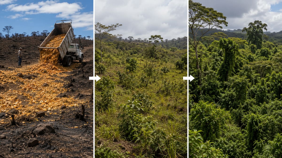 Hace 29 años, dos ecólogos impulsaron un experimento que cubrió tres hectáreas degradadas de Costa Rica con 12 mil toneladas de cáscaras de naranja; 16 años después, el terreno se había convertido en bosque y tenía 176% más biomasa