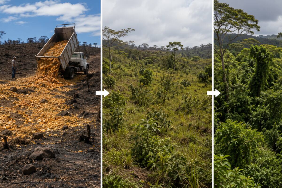 Hace 29 años, dos ecólogos impulsaron un experimento que cubrió tres hectáreas degradadas de Costa Rica con 12 mil toneladas de cáscaras de naranja; 16 años después, el terreno se había convertido en bosque y tenía 176% más biomasa